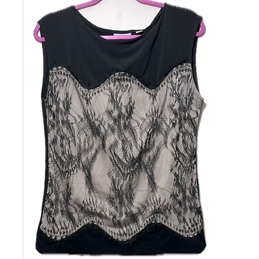 NY&C Black Knit Sleeveless Top cream Floral Lace Scalloped Edges - Size S - NWOT